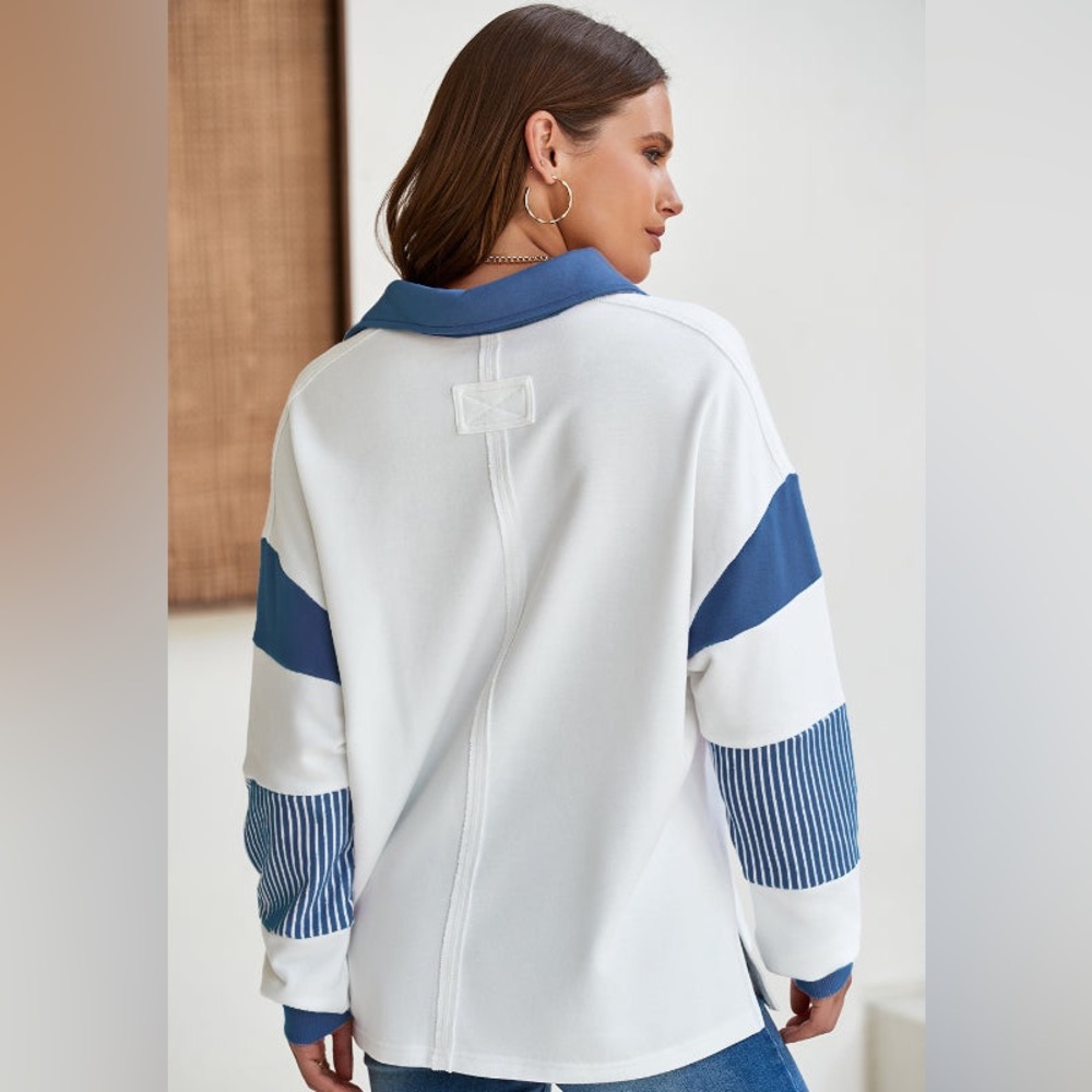 Hazel Blues. Color Block Johnny Color Long Sleeve Sweatshirt. Blue/White. Small. - Picture 2 of 10